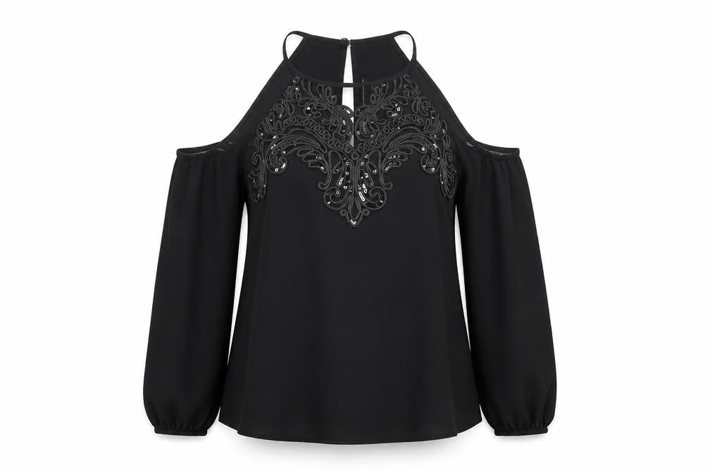 lipsyu Womens Black Polyester Basic Blouse Size 10 Round Neck - Embellished Sequin Cold Shoulder