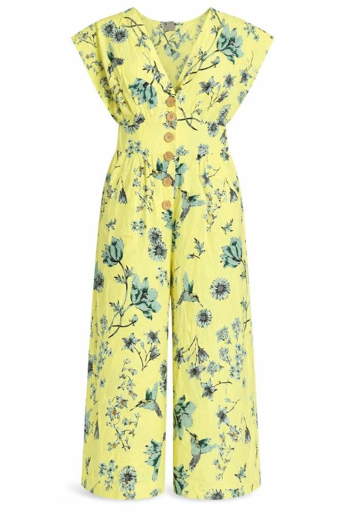 Angie Womens Yellow Floral Viscose Jumpsuit One-Piece Size M L21 in Button