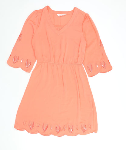 Additional front view of Market Spruce women’s pink polyester shift, size S, v-neck pullover - embroidered cut out detail