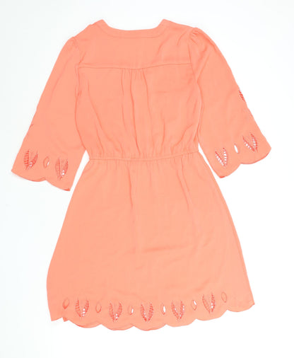 Back view of Market Spruce women’s pink polyester shift, size S, v-neck pullover - embroidered cut out detail