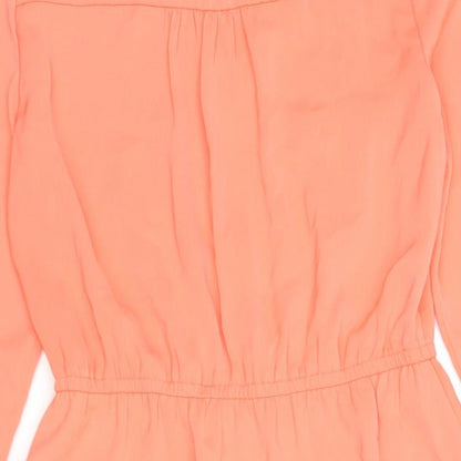 Brand and care label for Market Spruce women’s pink polyester shift, size S, v-neck pullover - embroidered cut out detail