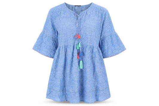 Marks & Spencer Womens Blue Cotton Shift Size M Round Neck Lace Up - Smocked Tassle