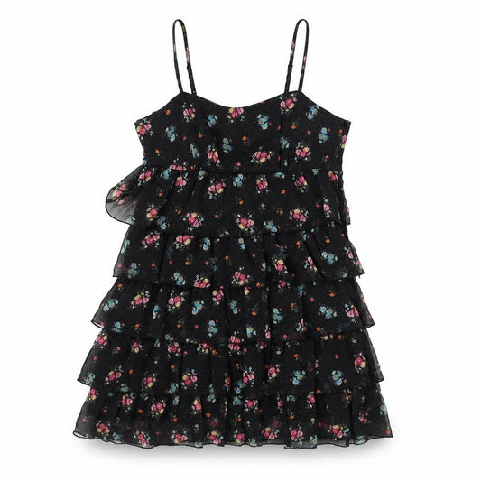 Divided by H&M Womens Black Floral Polyester Mini Size 14 Scoop Neck Zip - Layered Frill