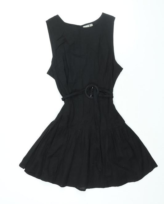 ASOS Womens Black Cotton Fit & Flare Size 14 Round Neck Button - Belted