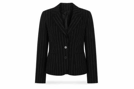 Front view of Denim & Co. women’s black striped jacket blazer, size UK 10, button