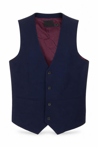 Front view of ASOS men’s blue polyester jacket suit waistcoat, size 38, regular