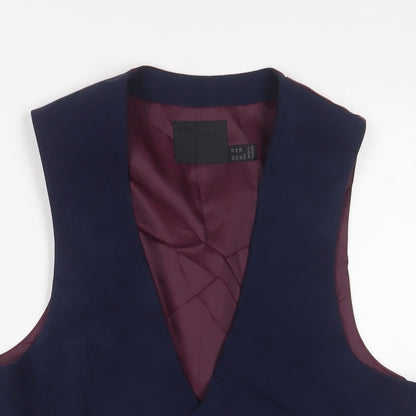 Close-up detail of ASOS men’s blue polyester jacket suit waistcoat, size 38, regular