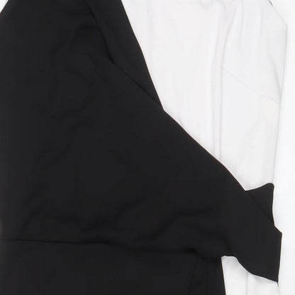 Close-up detail of Roman women’s black polyester sheath, size UK 14, crew neck button
