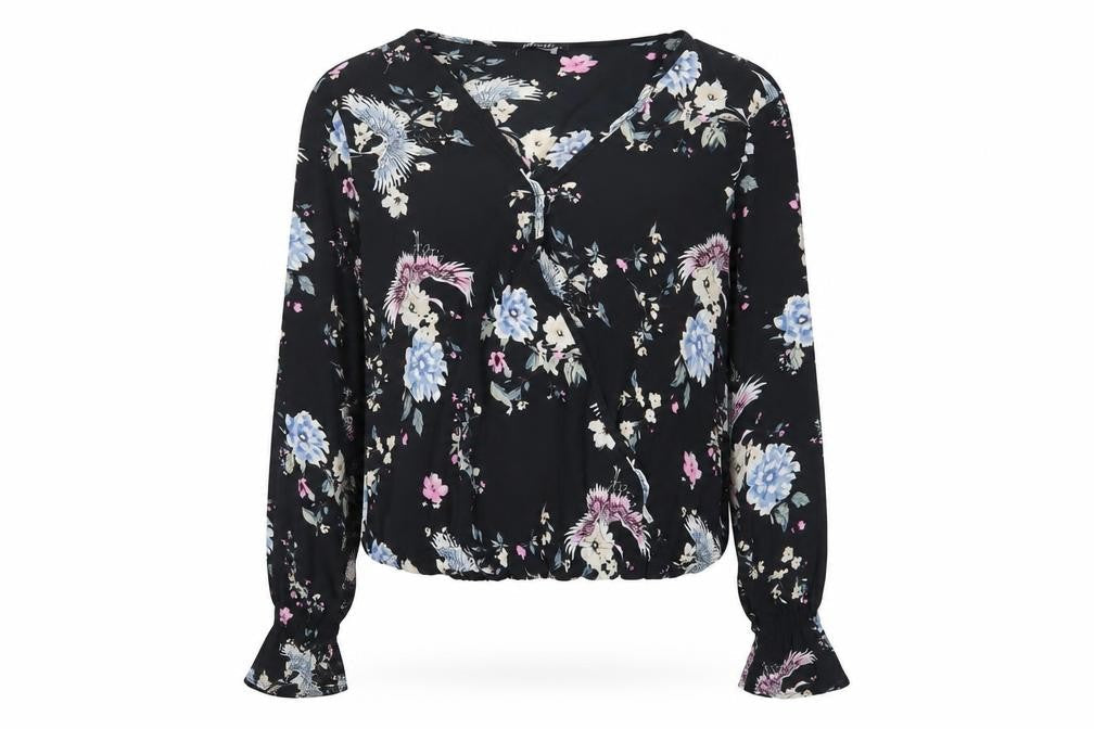 Firesh Womens Black Floral Polyester Basic Blouse Size M V-Neck