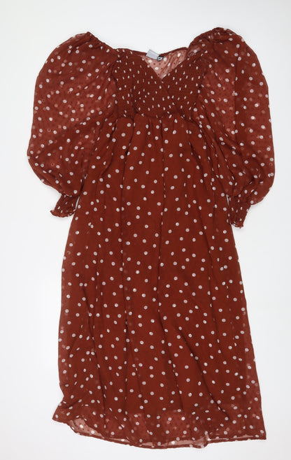 Additional front view of ASOS women’s brown polka dot polyester a-line, size UK 6, v-neck pullover