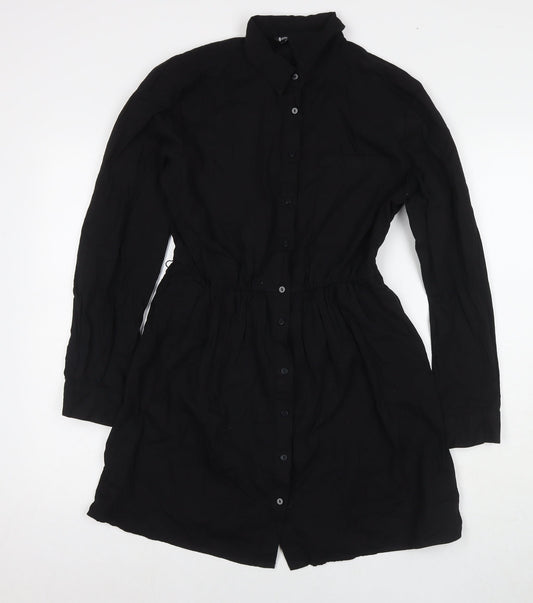 Stradivarius Womens Black Cotton Shirt Dress Size L Collared Button