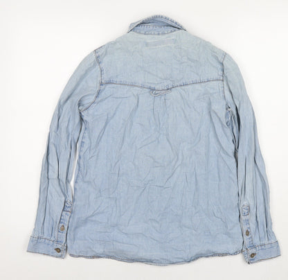 Back view of ASOS women’s blue cotton basic button-up, size UK 6, collared