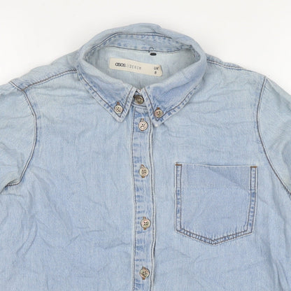 Close-up detail of ASOS women’s blue cotton basic button-up, size UK 6, collared