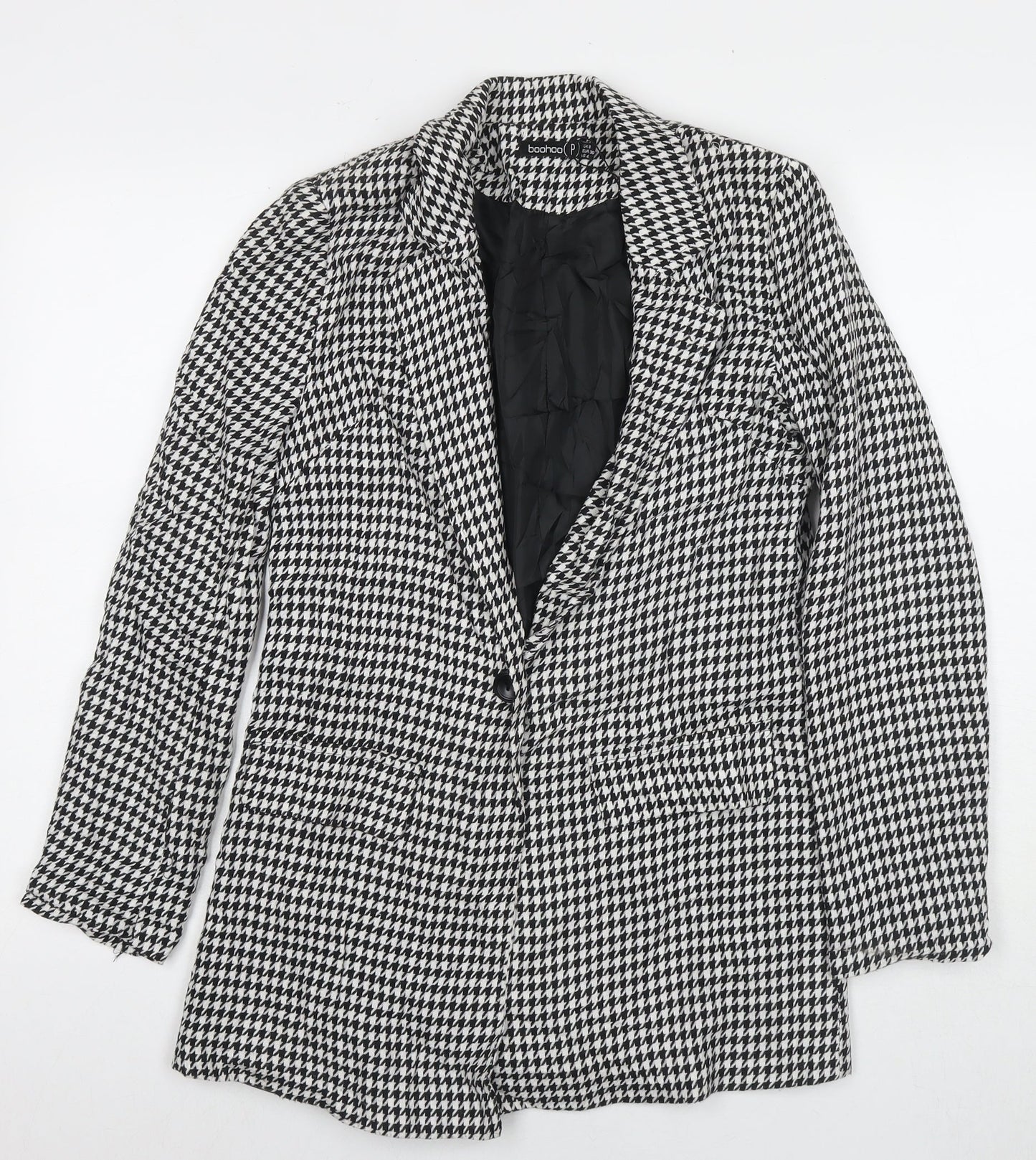Boohoo Womens Black Herringbone Jacket Blazer Size 8 Button