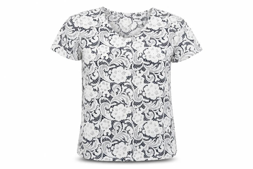 Just Elegance Womens Blue Paisley Polyester Basic T-Shirt Size 12 Crew Neck