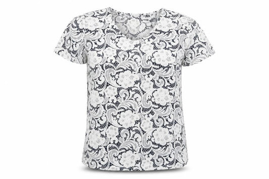 Just Elegance Womens Blue Paisley Polyester Basic T-Shirt Size 12 Crew Neck