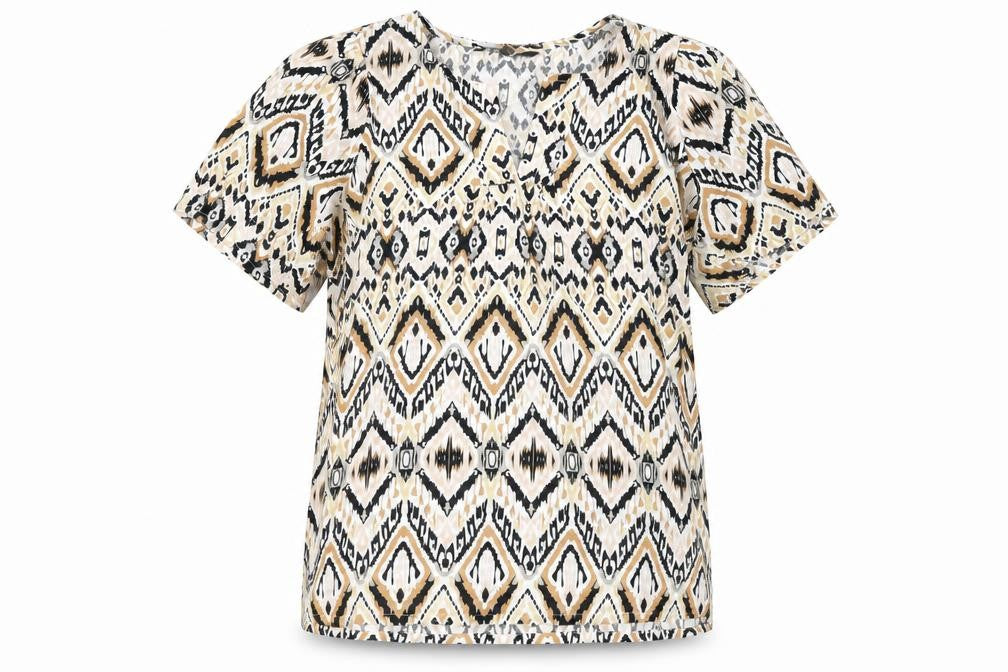 Bonmarché Womens Beige Geometric Viscose Basic Blouse Size 10 V-Neck
