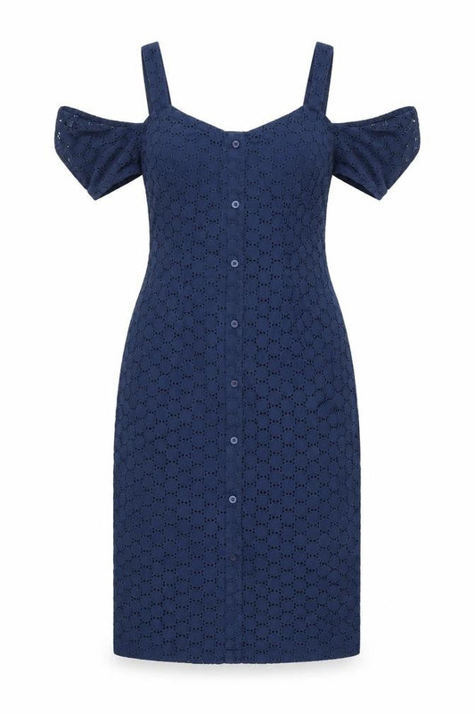 Bravissimo Womens Blue Cotton Pencil Dress Size 8 Off the Shoulder Button - Broderie Anglaise