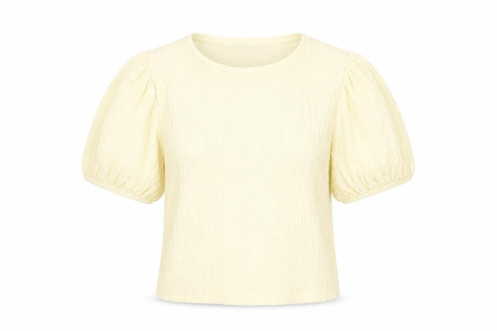 Pull&Bear Womens Yellow Polyester Basic Blouse Size S Crew Neck - Textured
