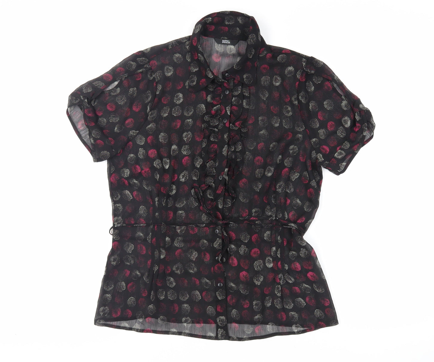 Marks and Spencer Womens Black Geometric Polyester Basic Button-Up Size 12 Collared - Sheer