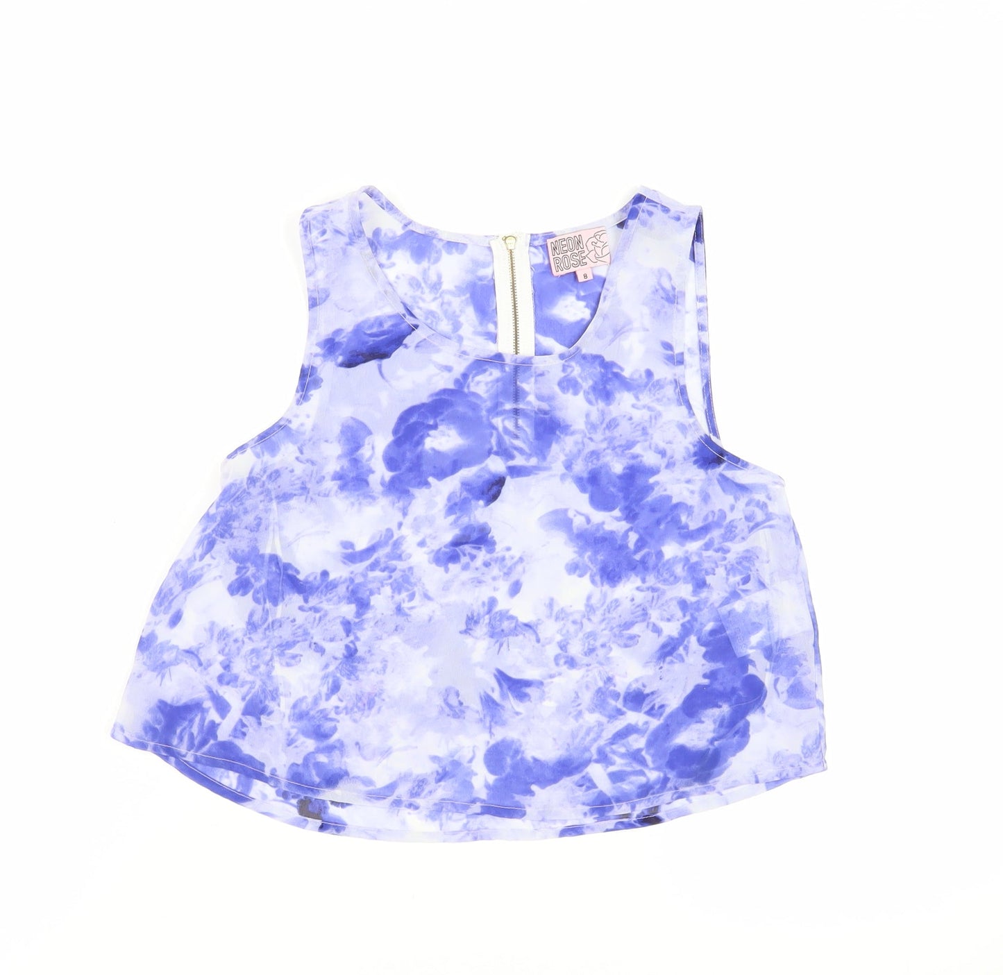 Neon Rose Womens Blue Floral Polyester Cropped Tank Size 8 Round Neck - Sheer