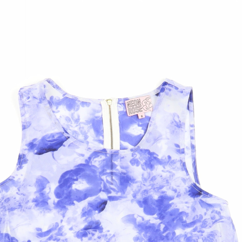 Neon Rose Womens Blue Floral Polyester Cropped Tank Size 8 Round Neck - Sheer