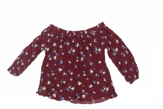 Select Womens Red Floral Viscose Basic Blouse Size 8 Off the Shoulder