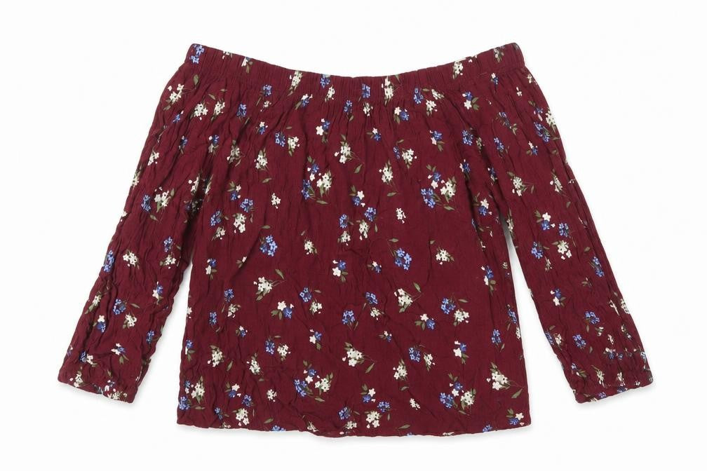 Select Womens Red Floral Viscose Basic Blouse Size 8 Off the Shoulder