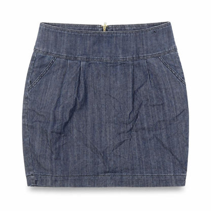 Front view of Be Beau women’s blue cotton mini skirt, size UK 10
