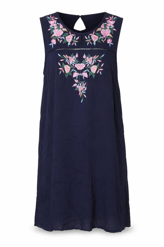 Front view of Red Herring women’s blue floral viscose shift, size UK 12, round neck button