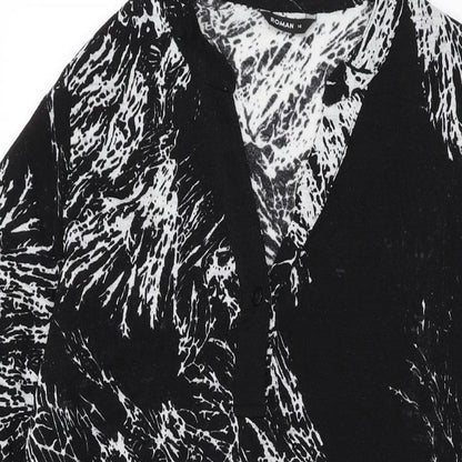 Close-up detail of Roman women’s black geometric polyester shift, size UK 14, v-neck pullover