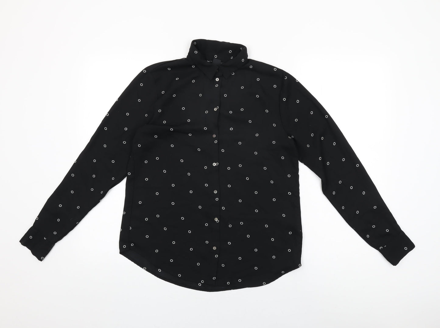 H&M Womens Black Geometric Polyester Basic Button-Up Size 6 Collared