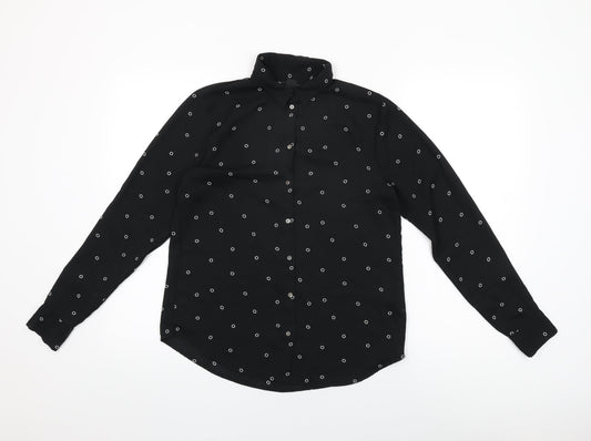H&M Womens Black Geometric Polyester Basic Button-Up Size 6 Collared