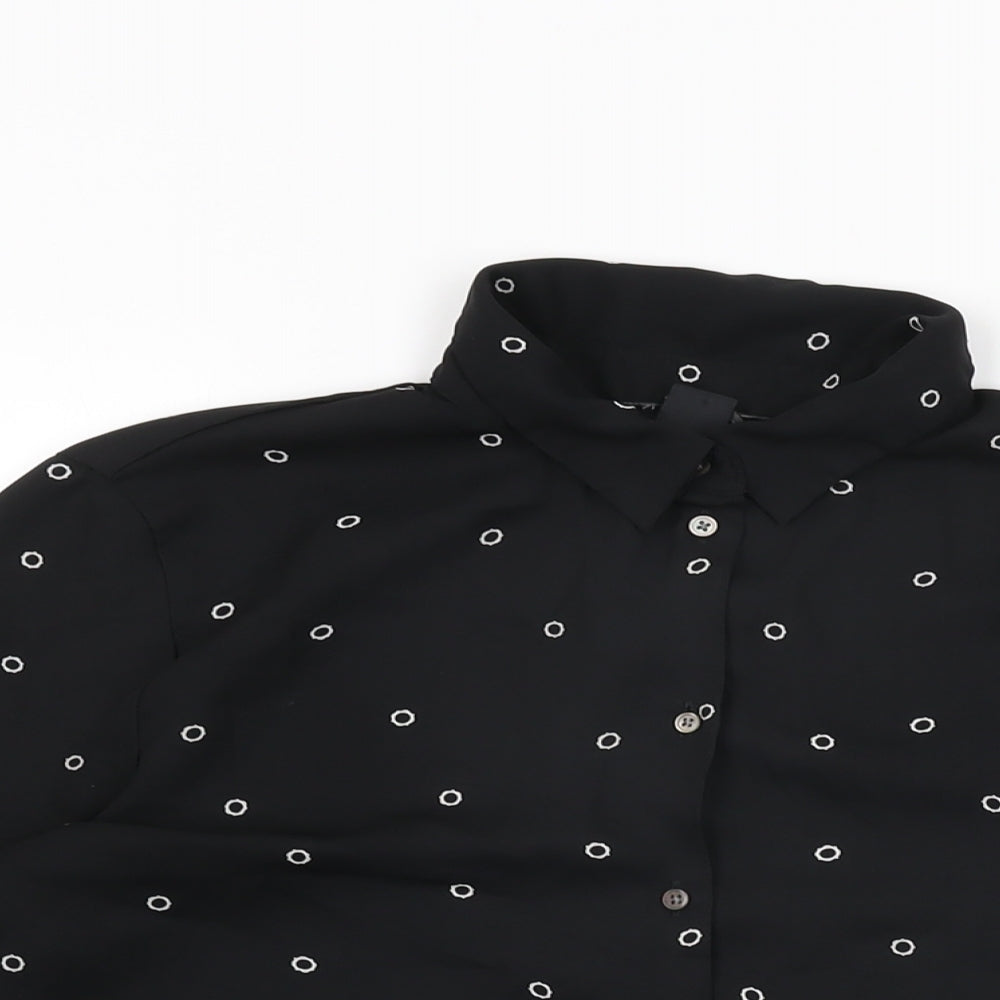 H&M Womens Black Geometric Polyester Basic Button-Up Size 6 Collared