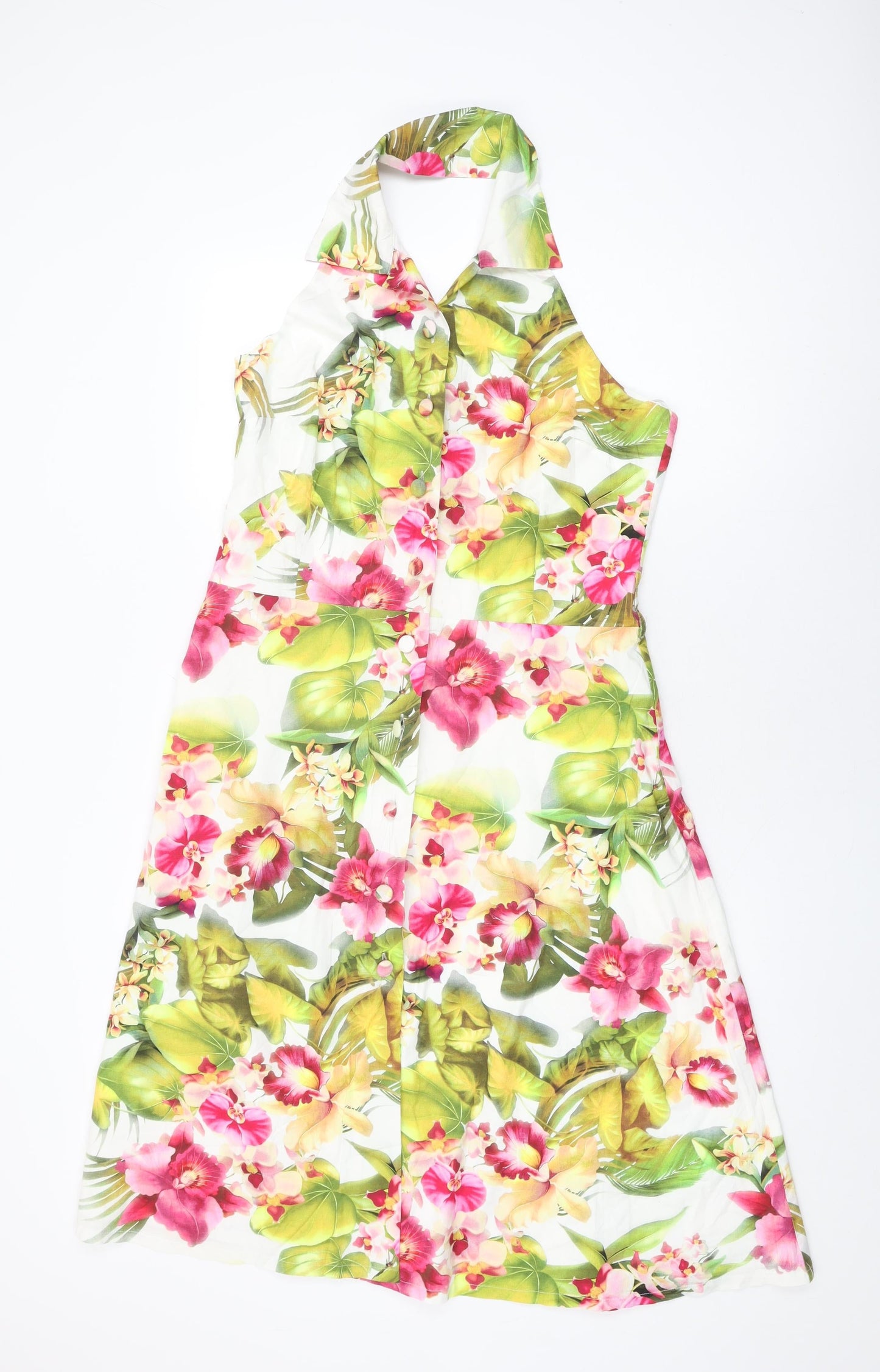 Hunters and Gatherers Womens White Floral Cotton A-Line Size L Collared Button