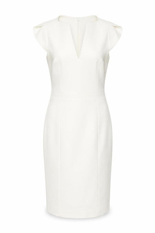 Front view of French Connection women’s white cotton bodycon, size UK 10, v-neck zip