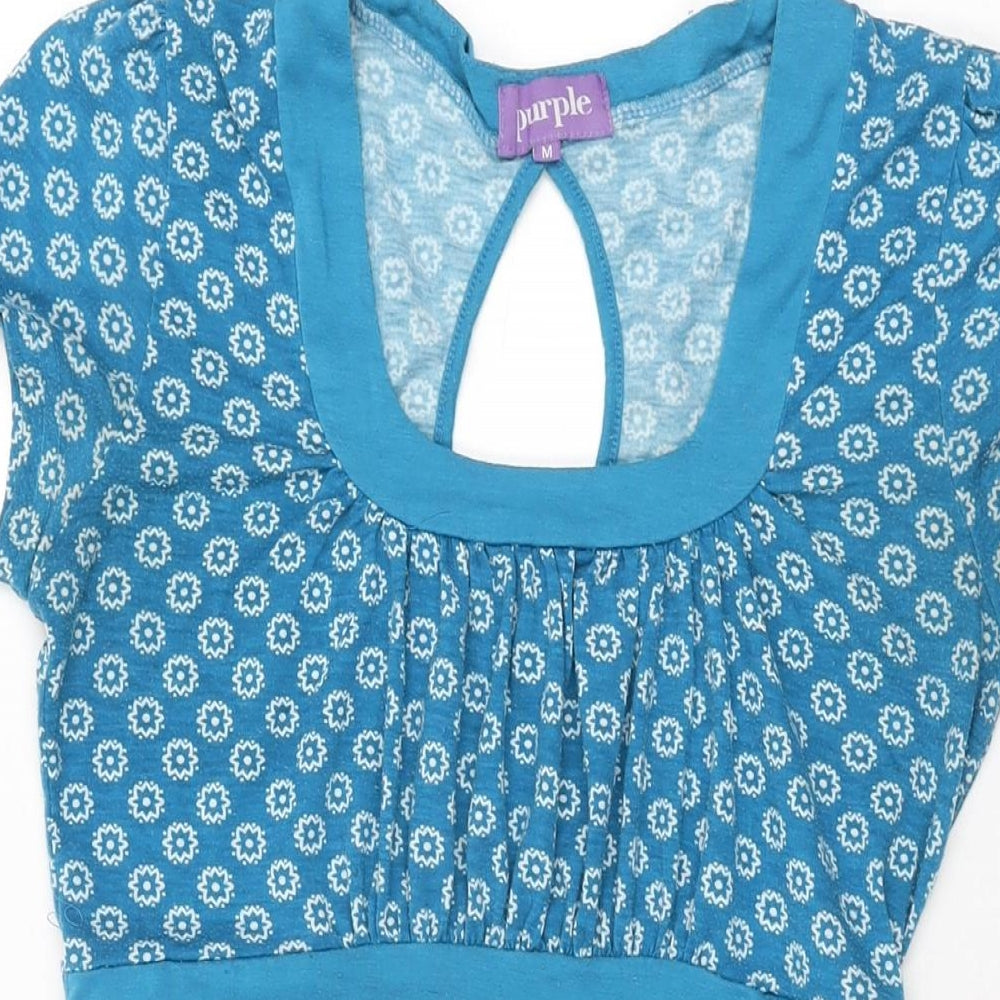 Purple Womens Blue Floral Viscose Shift Size M Scoop Neck Pullover