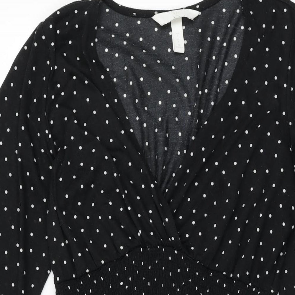 H&M Womens Black Polka Dot Polyester Shift Size S V-Neck Pullover