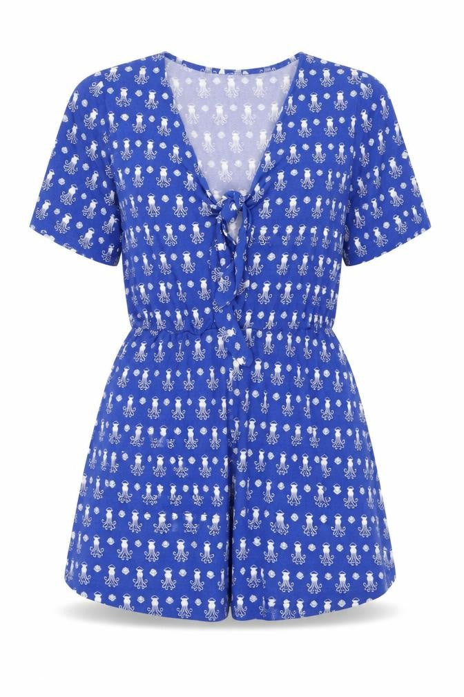 Monki Womens Blue Geometric Viscose Playsuit One-Piece Size M Tie