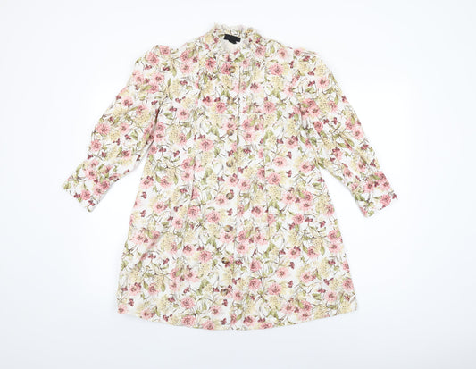 Topshop Womens White Floral Cotton Basic Button-Up Size 8 Round Neck