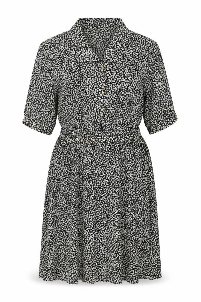 Anne Brooks Womens Black Floral Polyester A-Line Size 18 Collared Button