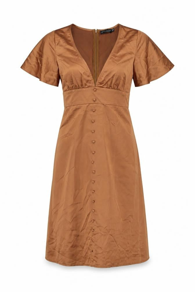 PRETTYLITTLETHING Womens Brown Polyester Shift Size 8 V-Neck Zip