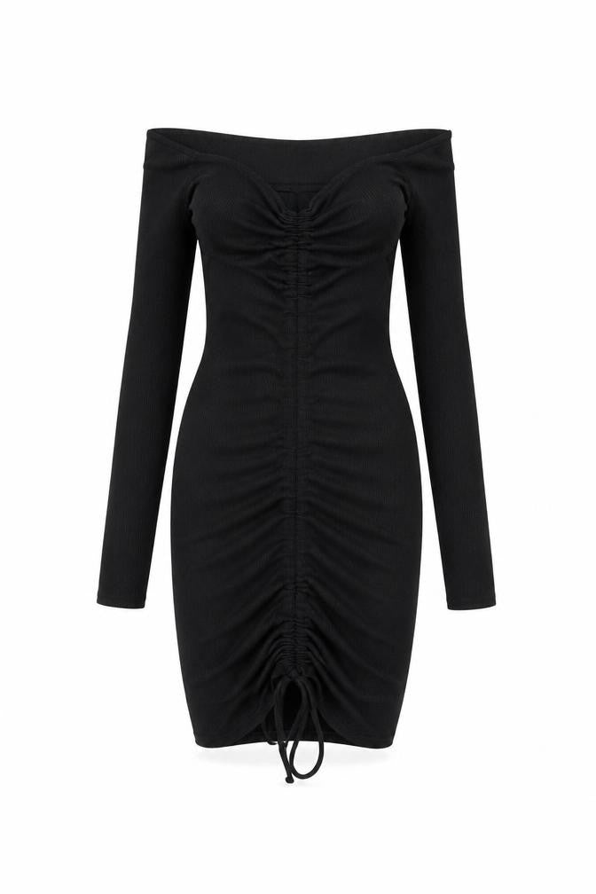PRETTYLITTLETHING Womens Black Polyester Bodycon Size 6 Off the Shoulder Drawstring