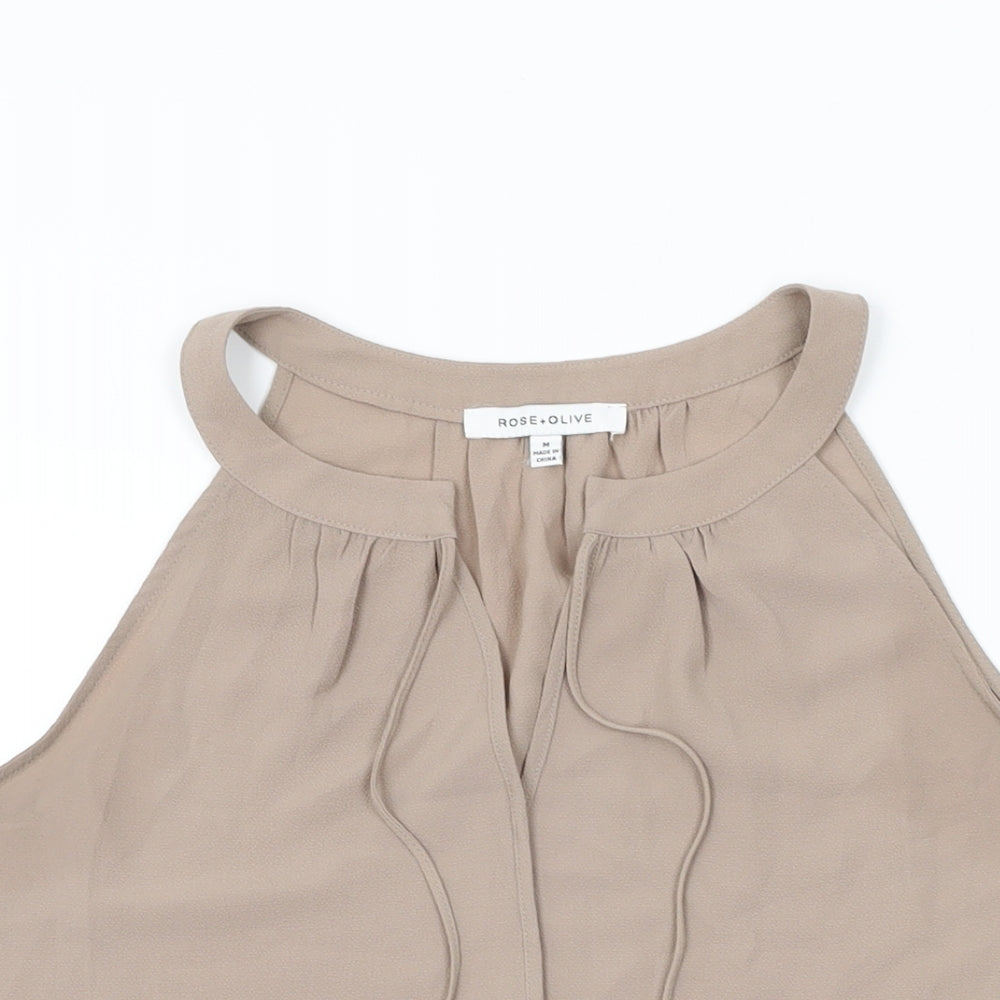 Rose + Olive Womens Beige Polyester Basic T-Shirt Size M V-Neck