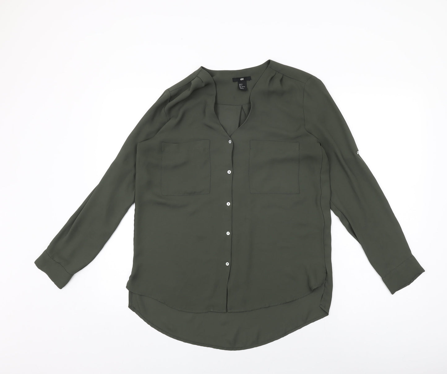 H&M Womens Green Polyester Basic Button-Up Size 8 V-Neck
