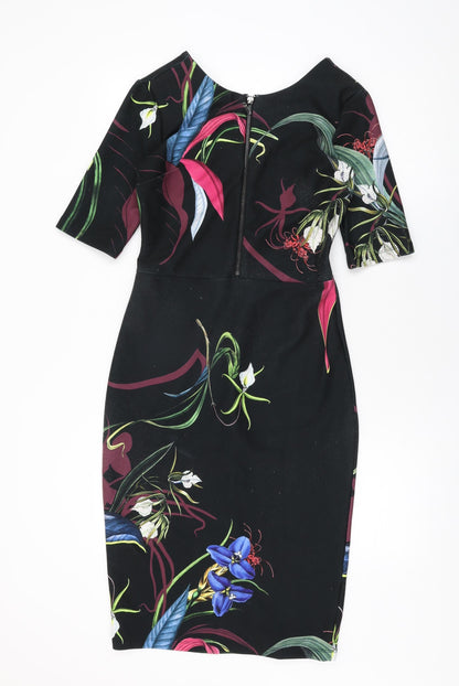 Next Womens Black Floral Polyester Bodycon Size 10 Round Neck Zip
