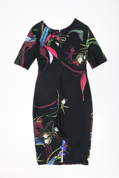 Next Womens Black Floral Polyester Bodycon Size 10 Round Neck Zip