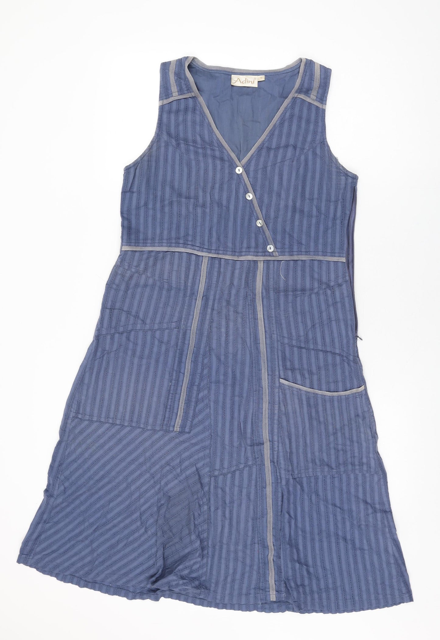 Adini Womens Blue Cotton A-Line Size S V-Neck Zip