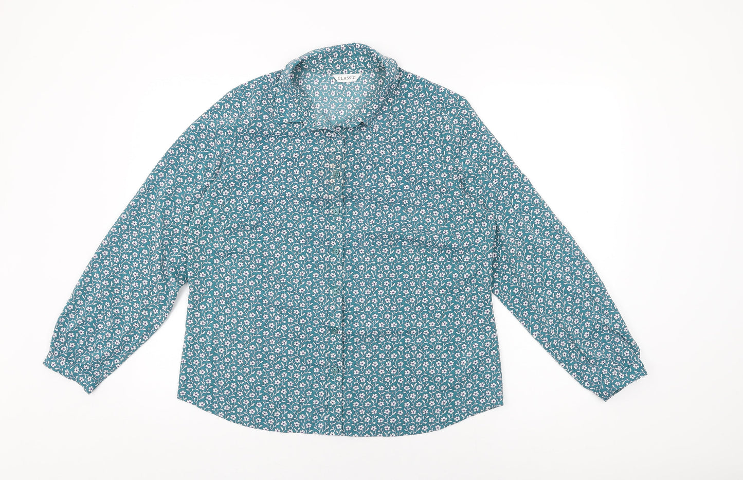 Marks and Spencer Womens Blue Floral Polyester Basic Button-Up Size 14 Collared
