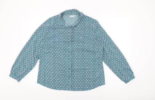 Marks and Spencer Womens Blue Floral Polyester Basic Button-Up Size 14 Collared